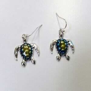 Silver Plated Multicolor Sea Turtle Dangle Drop Pierced Earrings